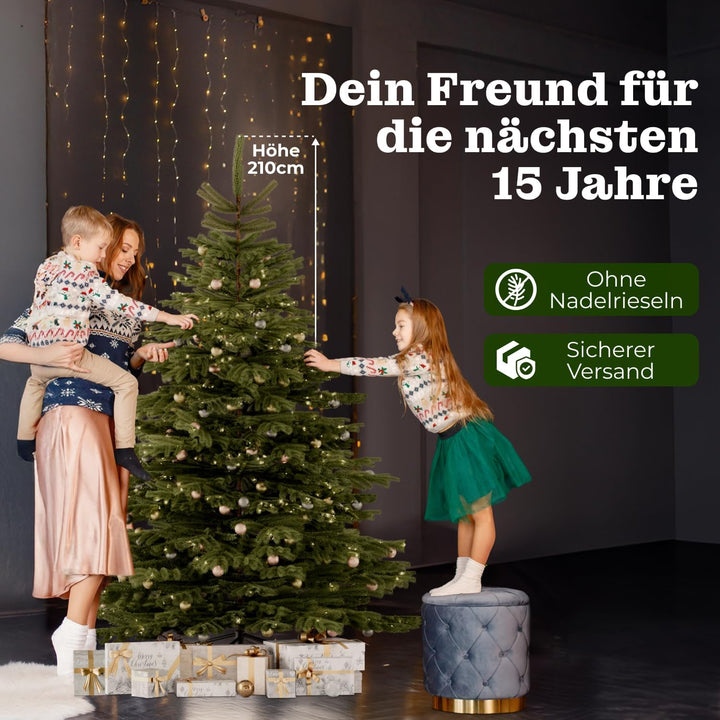 BoomDing Künstlicher Weihnachtsbaum mit Beleuchtung - extra naturgetreuer Tannenbaum (210 cm) inkl.