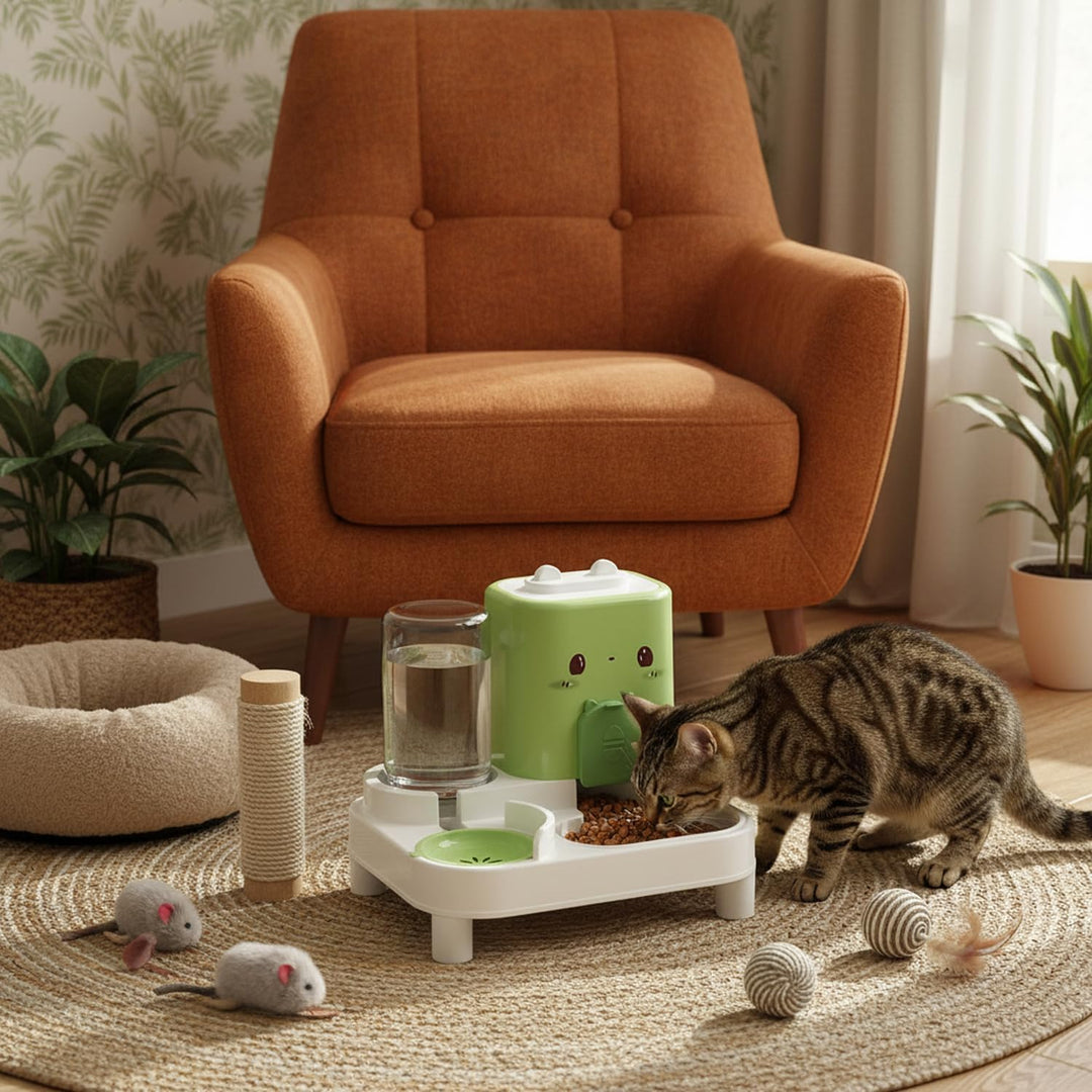 Wasserspender Futterspender für Katze und Hund, 2-In-1 Automatischer Trockenfutterspender, Automátic