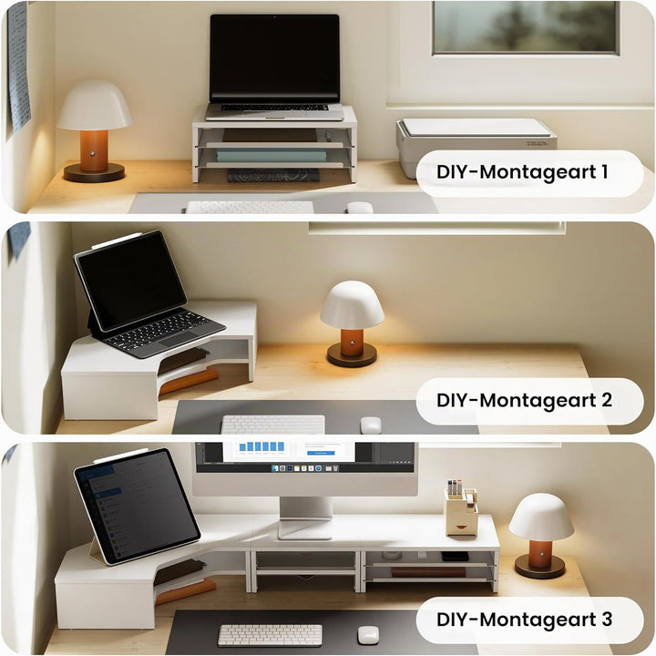 Fenge Monitorständer 3 in 1, Dual Monitor Stand mit Schublade und Ausziehbarem Tablett, L-Förmiger E