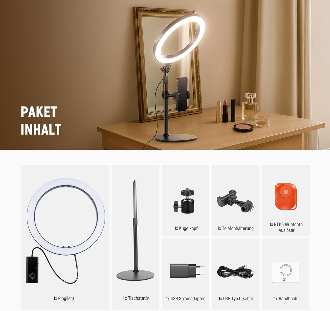 NEEWER 12" 24W Hochleistungs Desktop Ringlicht mit Stativ/Handyhalterung, LED Konferenz Selfie Licht