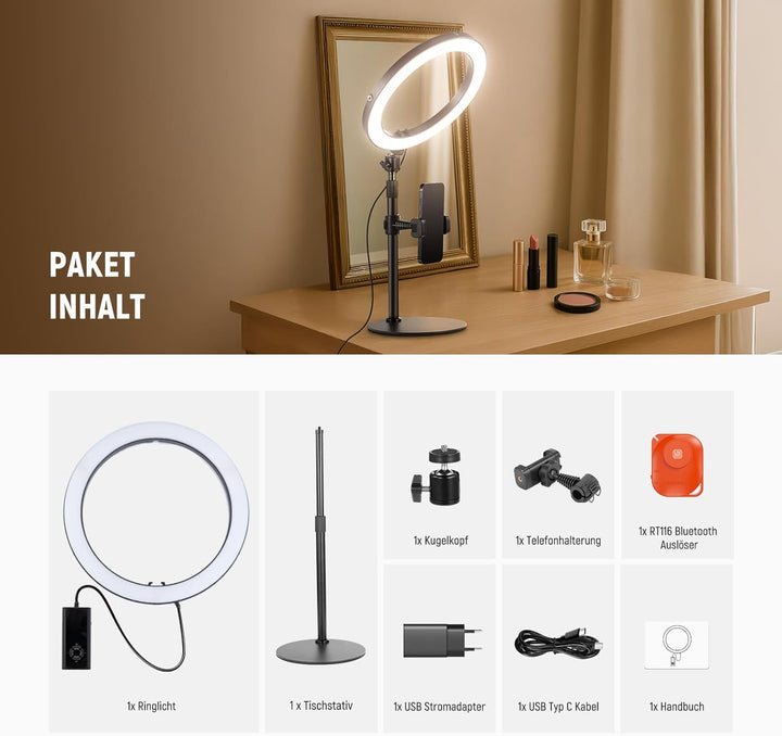 NEEWER 12" 24W Hochleistungs Desktop Ringlicht mit Stativ/Handyhalterung, LED Konferenz Selfie Licht
