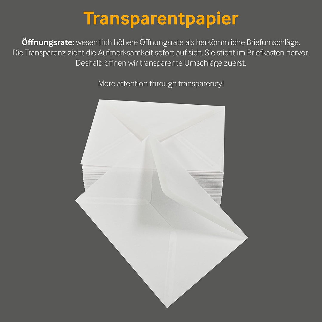100 Stück, Transparente Briefumschläge, DIN C5, Nassklebung, Spitze Klappe, 90 g/qm Offset, Ohne Fen