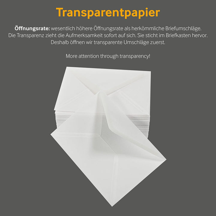 100 Stück, Transparente Briefumschläge, DIN C5, Nassklebung, Spitze Klappe, 90 g/qm Offset, Ohne Fen