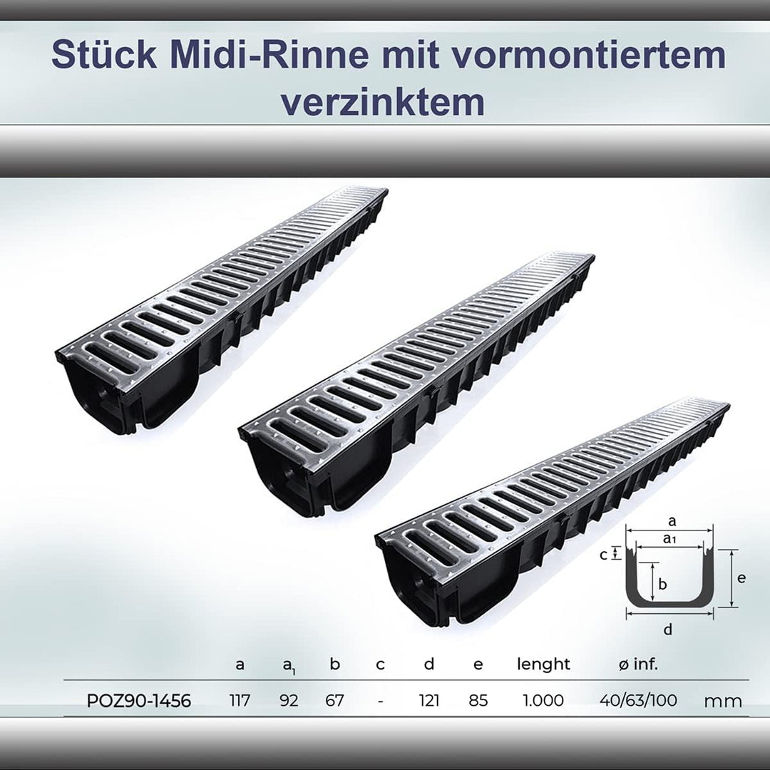 Entwässerungsrinne STAHL A15 Garage-Set 12 Meter Kit Midi-Kanal Rinne DAKOTA GUNNEX (12m), 12m