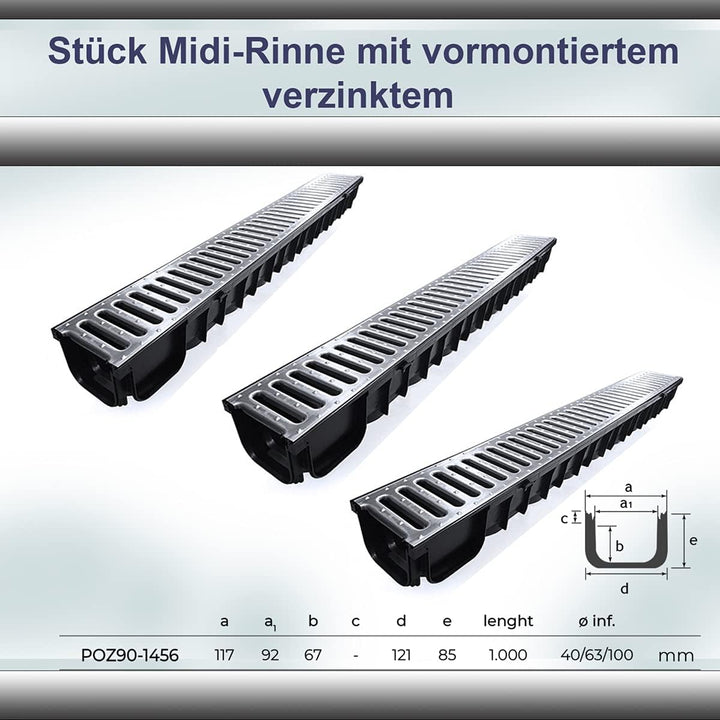 Entwässerungsrinne STAHL A15 Garage-Set 12 Meter Kit Midi-Kanal Rinne DAKOTA GUNNEX (12m), 12m