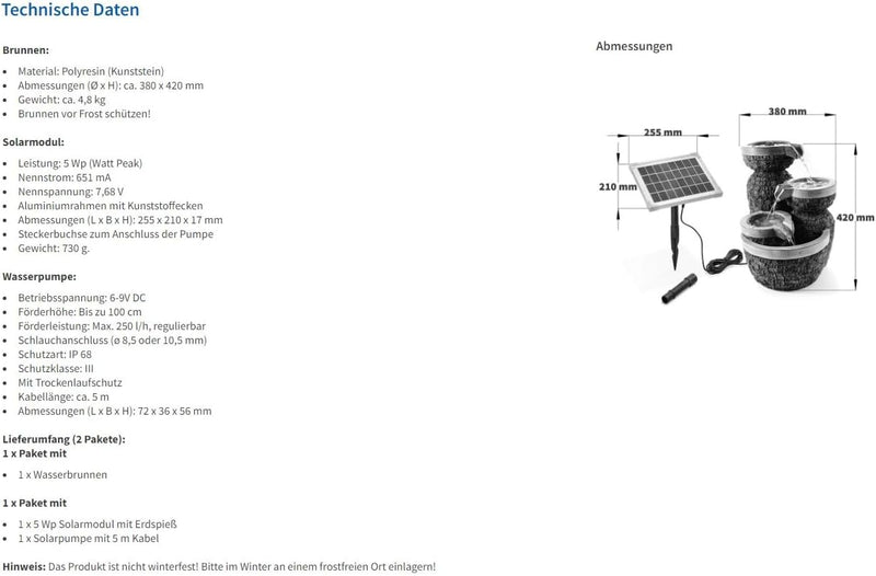 Solar Gartenbrunnen Bowl Fountain - extragrosses 5 Watt Solarmodul, Solarpumpe mit Direktbetrieb - 3