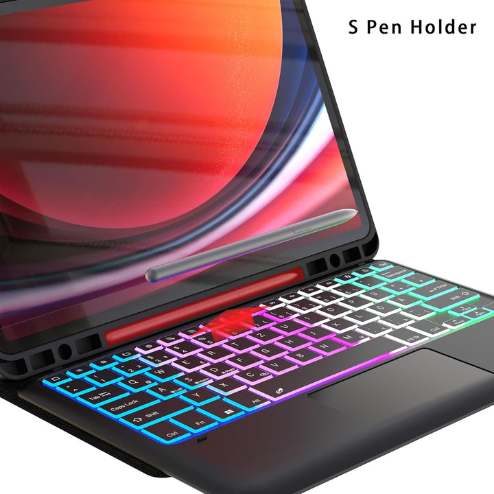ROOFEI 12,4 Zoll Galaxy Tab S9 FE+/S9+/S10+ Hülle mit Tastatur QWERTZ : DIY 3-Zonen-7-Farbige Beleuc