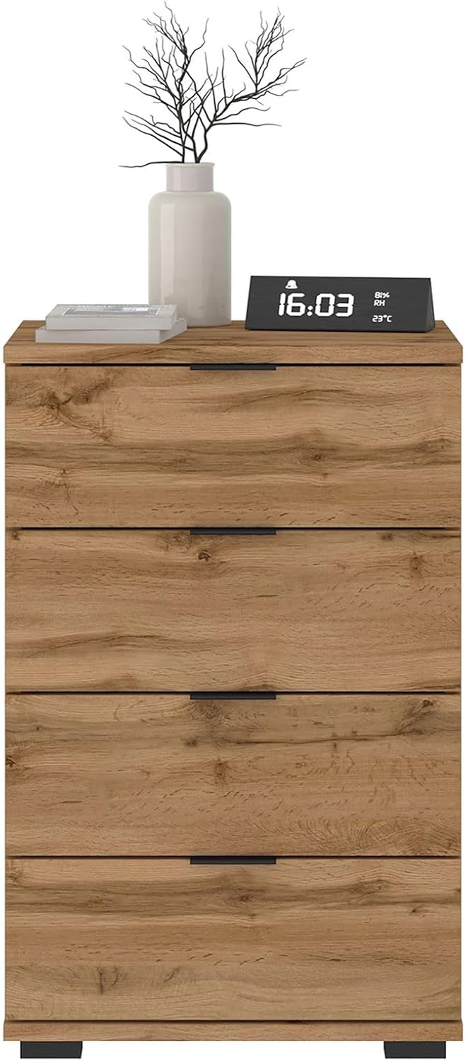 CARO-Möbel Nachttisch Piano Wotan Eiche, Nachtkommode für Boxspringbetten, Nachtschrank mit 4 Schubl