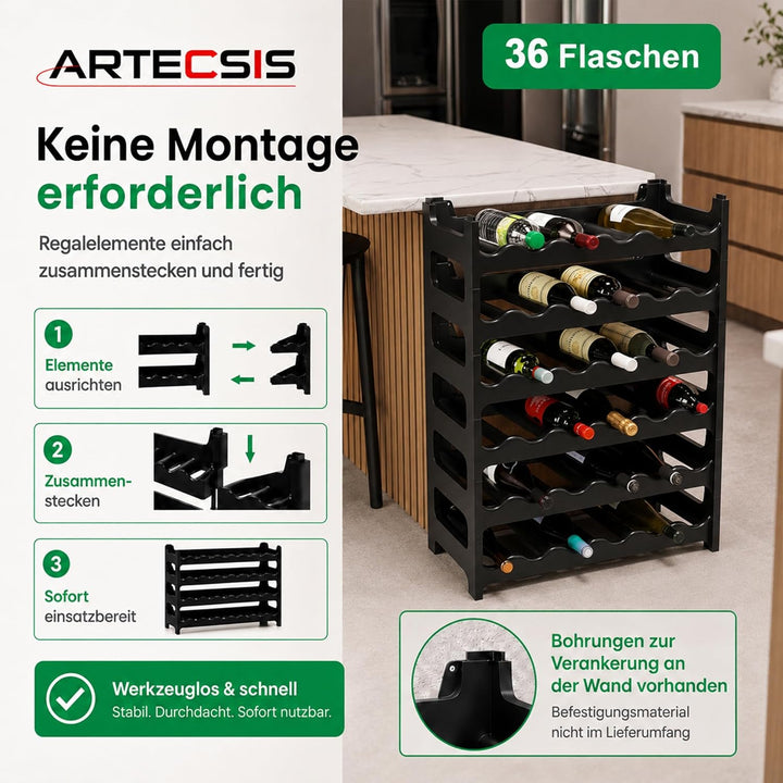 ARTECSIS Weinregal stapelbar Kunststoff für 36 Flaschen, stabiles leichtes Flaschenregal für Keller,