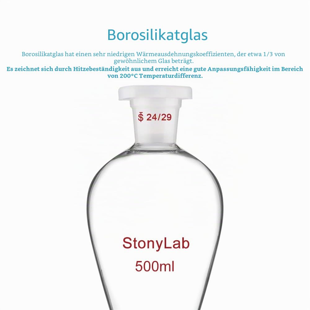 stonylab Scheidetrichter Glas, Borosilikatglas 500 ml Scheidetrichter Heavy Wall Conical Separatory