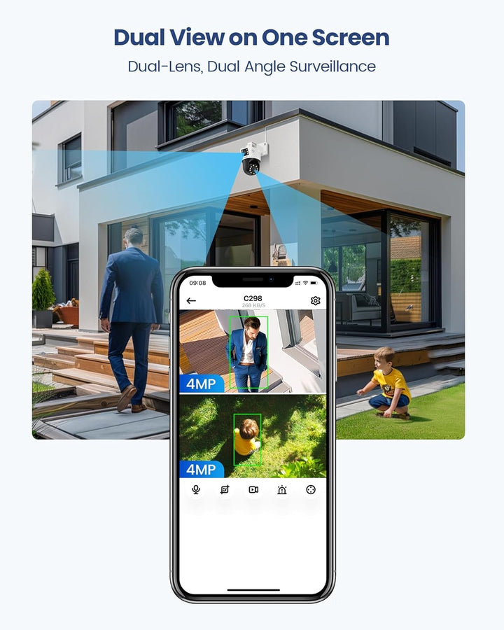 ZOSI 8MP PoE Doppelobjektiv Überwachungskamera (4MP+4MP), 360° Pan/Tilt Aussen Kamera, KI Personener