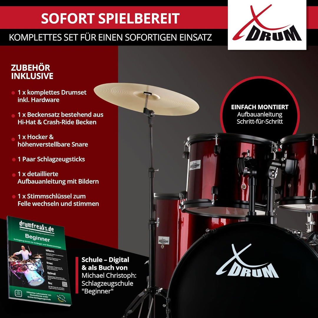XDrum Rookie 22" Fusion Schlagzeug Komplettset Ruby Red - Ideal für Einsteiger - Stylische Hardware