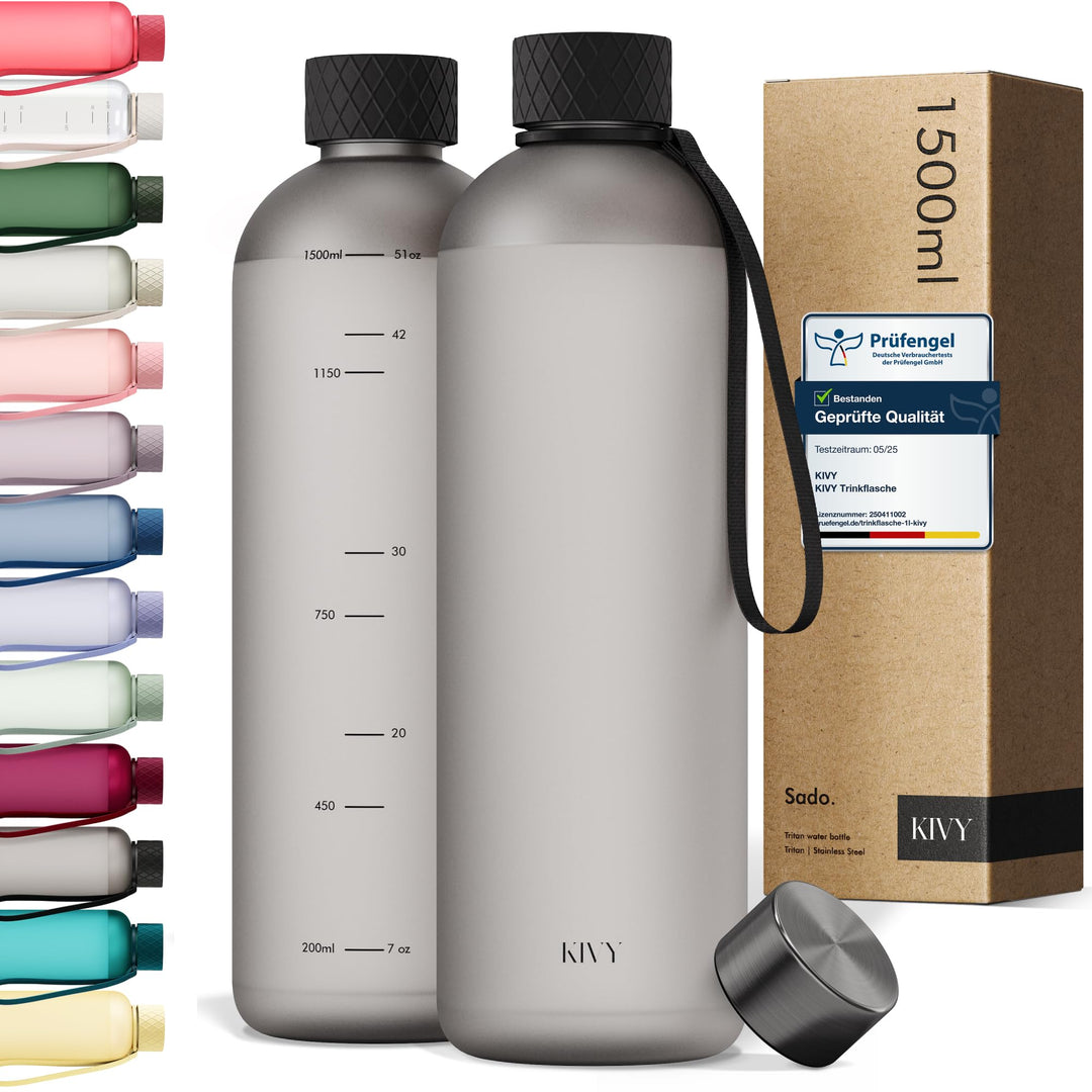 KIVY Tritan-Wasserflasche 1,5 Liter - Kohlensäure geeignet & Auslaufsicher - Für Sport, Schule & Bür