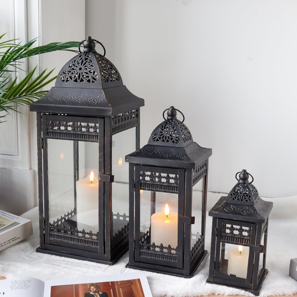 JHY DESIGN 3er-Set Kerzen Laternen 51&37&24cm Hohe Hängen Metall Dekorative Kerzenhalter Glas Garten