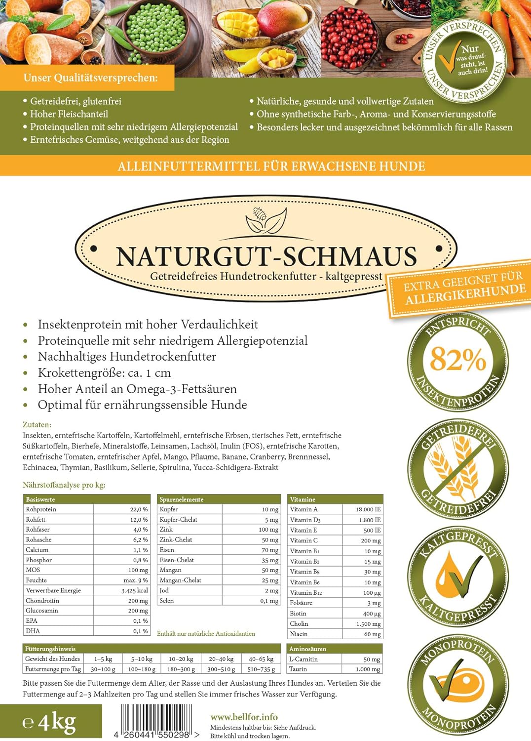 Bellfor Naturgut-Schmaus Hochwertiges Kaltgepresstes Hypoallergenes Trockenfutter für Hunde mit Inse
