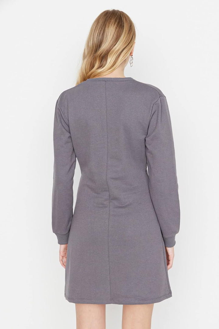 TRENDYOL Damen Woman Maxi Skater Rundhalsausschnitt Webstoff Kleid M Gray, M Gray
