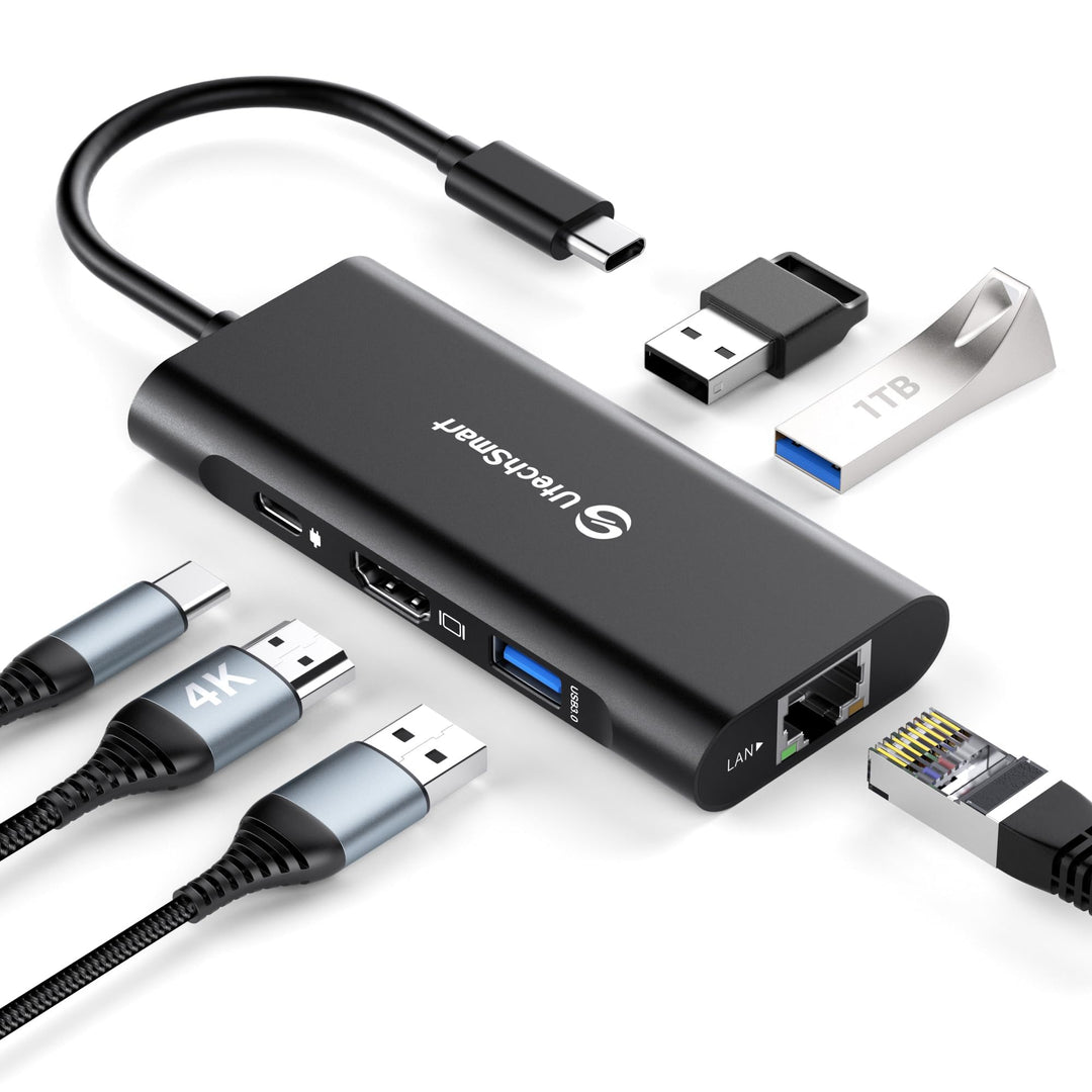 USB C Hub, UtechSmart 6 in 1 USB C zu HDMI Adapter mit 1000M Ethernet, PD 100W Ladeanschluss, 3 USB