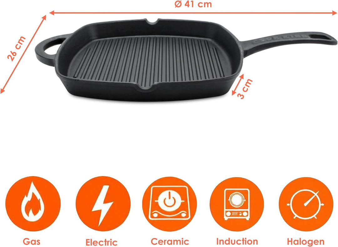 Spetebo Gusseisen Pfanne 26 cm - Gusspfanne mit Griff eckig - Grill Pfanne Bratpfanne Induktion Serv