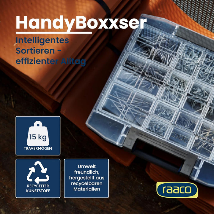 raaco HandyBoxxser 4x4: Robuste Sortimentskasten für Werkstatt, Kistenberg mit 4 Sortierkasten für K