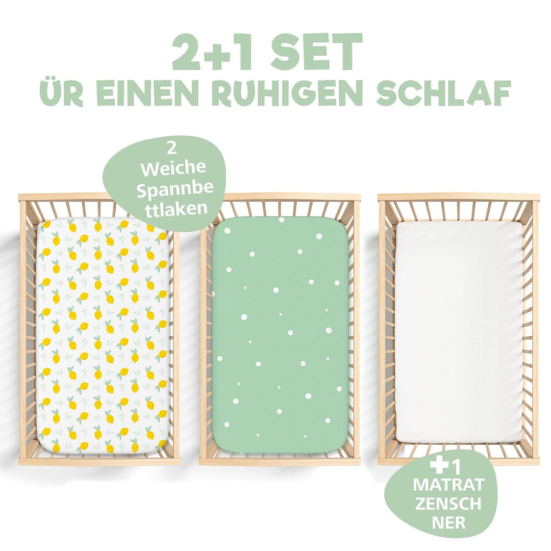2X Spannbettlaken aus 100% Baumwolle mit Gummiband - 1X Matratzenschoner aus 100% wasserdichtem Mate