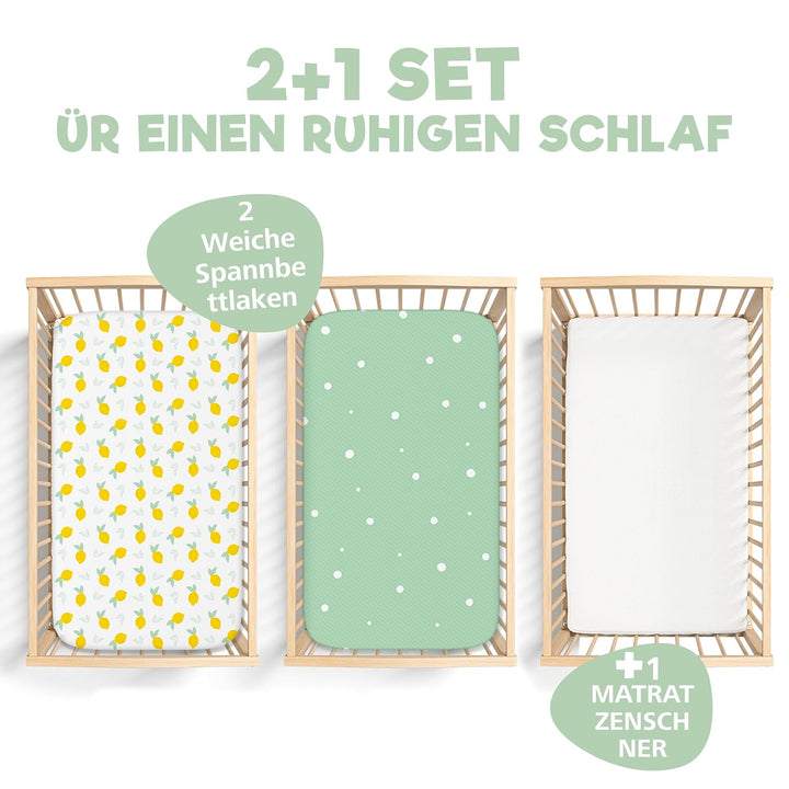 2X Spannbettlaken aus 100% Baumwolle mit Gummiband - 1X Matratzenschoner aus 100% wasserdichtem Mate