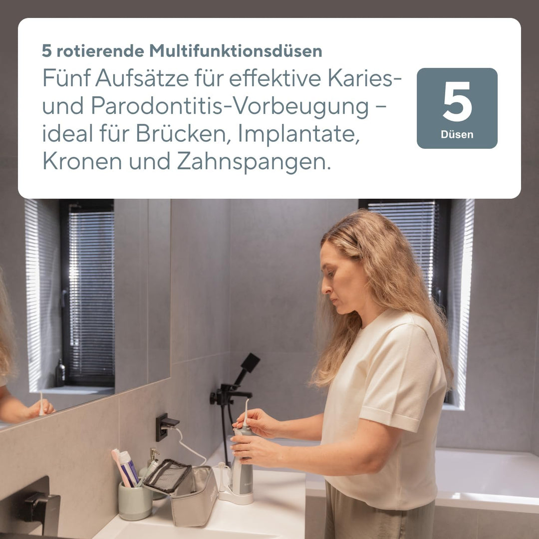 B.Well Swiss TH-912 tragbare und kabellose Munddusche, Praktisches Design mit 3 Betriebsmodi, 5 Düse