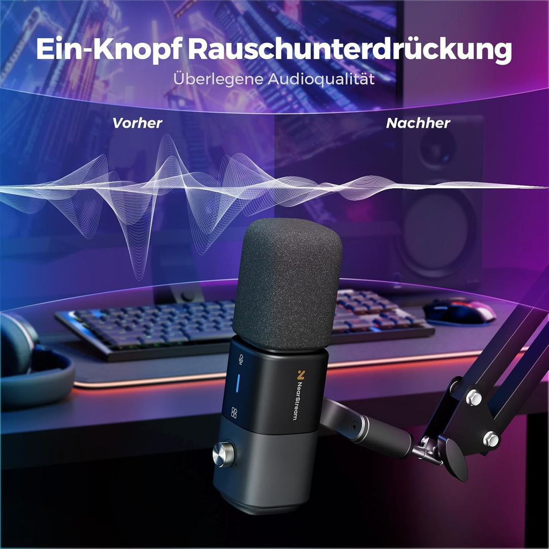 NearStream AM20X USB/XLR Podcast Mikrofon Set mit Boom Arm, EIN-TIPP Stummschaltung & Rauschunterdrü