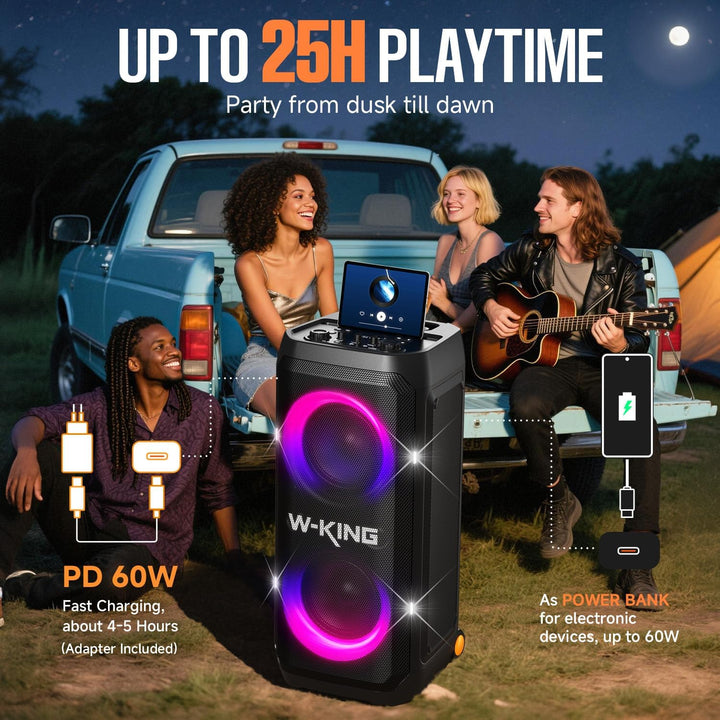 W-KING Tragbare Bluetooth-Lautsprecher-Box mit 370W MAX Pro Sound, Lichtshow, CSB, Bass Boost, Rolle