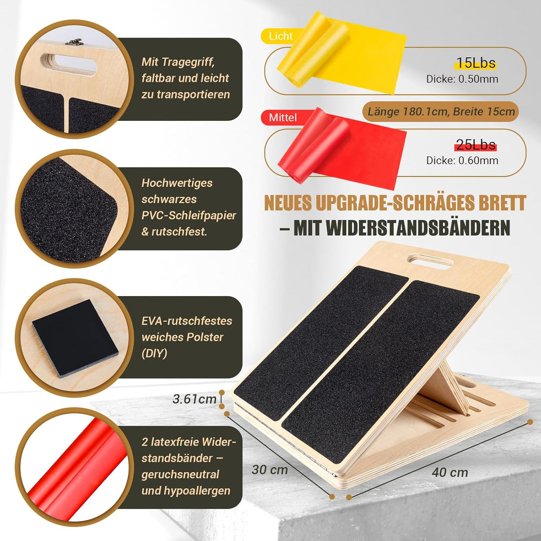 Wadendehner Schrägbrett aus Holz, 5 Winkeln Slant Stretch Board mit Trainingsposter und 2 Widerstand