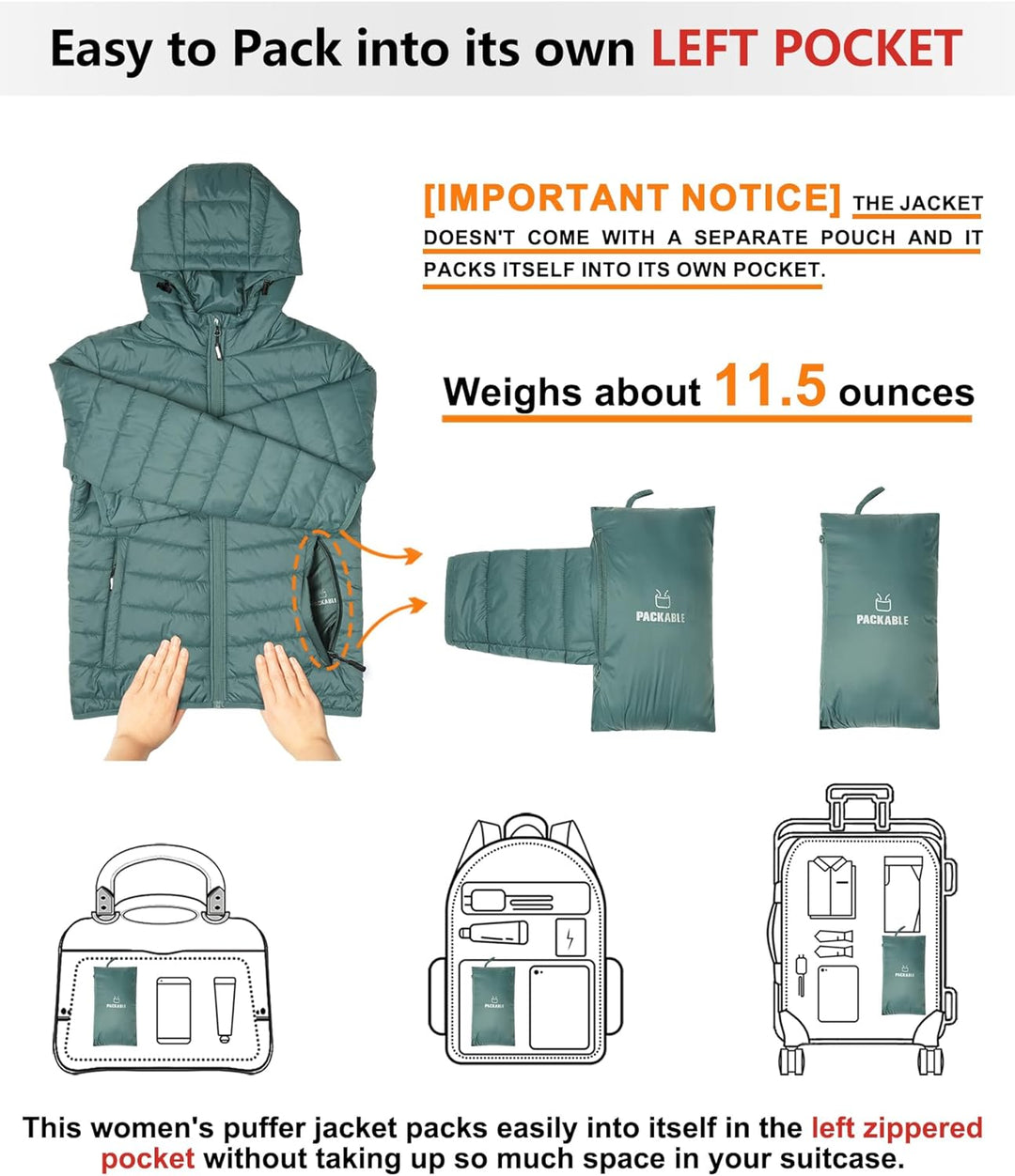 Outdoor Ventures Damen Steppjacke Leichte Packbare Übergangsjacke Warme Winterjacke mit Kapuze für F