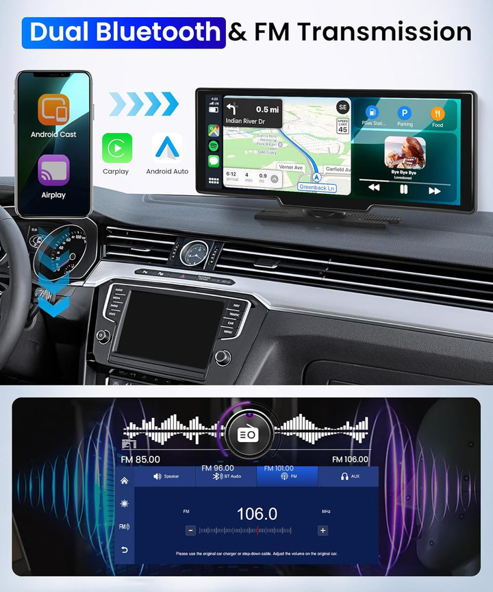 2023 Autoradio Wireless Apple Carplay und Android Auto 10.26 Zoll HD IPS Touchscreen Portable Autora