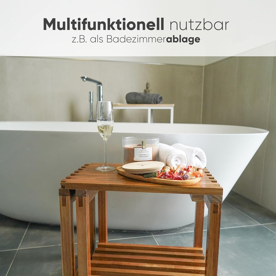 SVADA ausziehbarer Duschhocker aus Akazienholz - Duschbank Akazie mit Ablage - multifunktionale Saun
