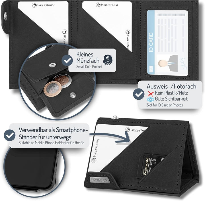 Wolfstrøm Slim Wallet mit Münzfach 'Ludvig' I 7+1 Karten Mini Geldbörse Herren klein, RFID Blocker I
