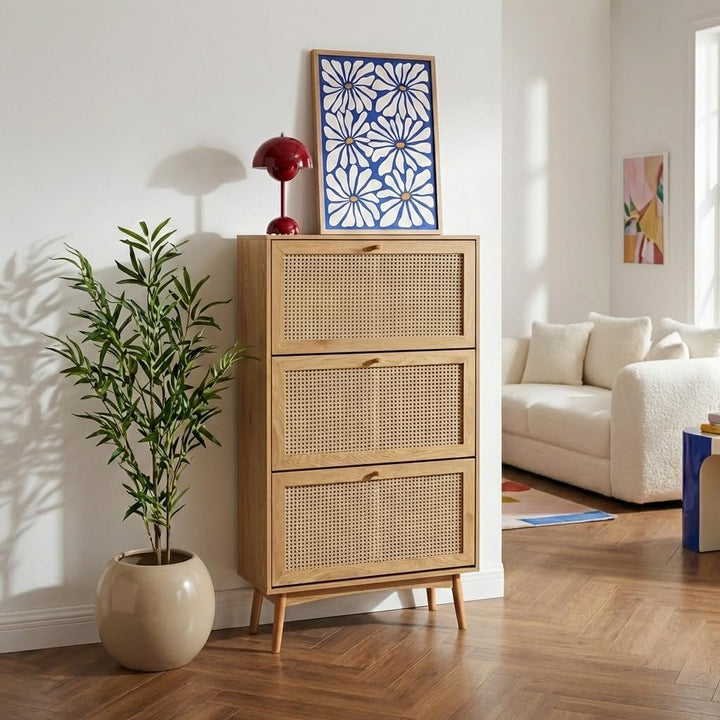 BAÏTA INES Schuhschrank in Eichenoptik und Rattangeflecht, Buchenholz, 80 cm