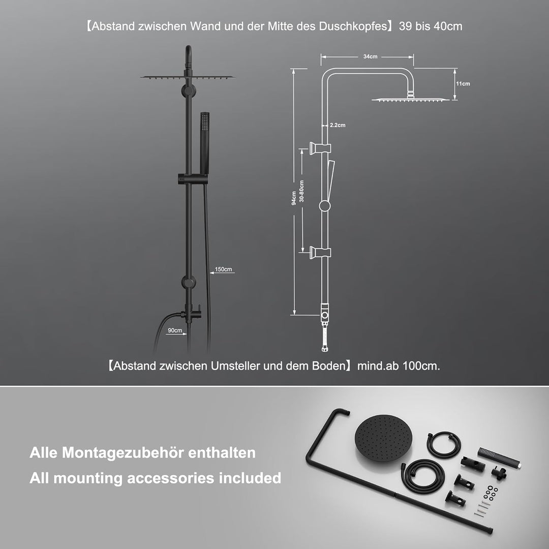 Görbach Regendusche Duschsystem ohne Armatur, Edelstahl Duschset mit 92cm Duschstange, XL Überkopfbr
