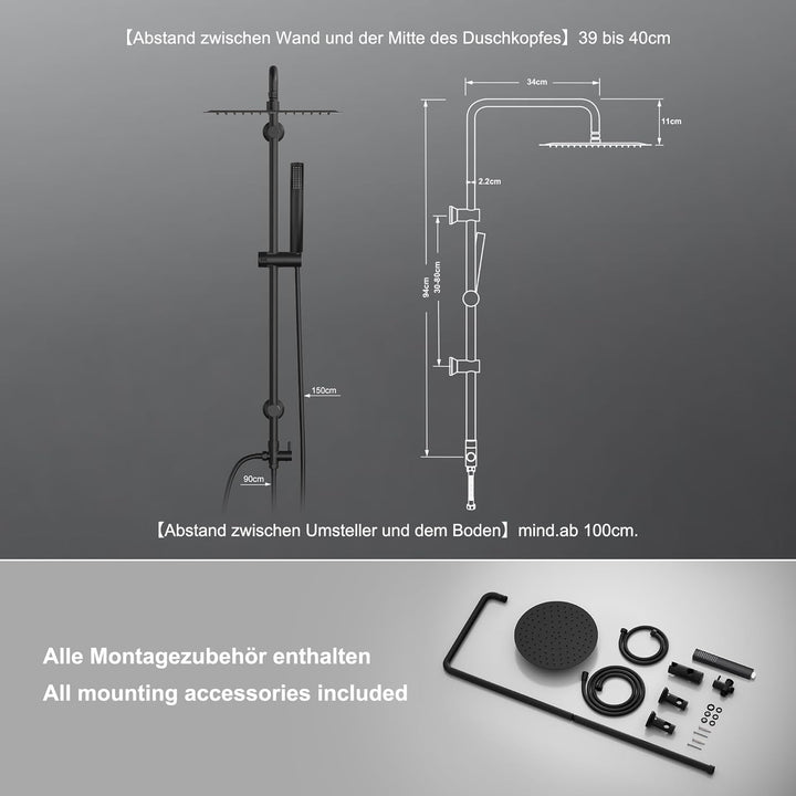 Görbach Regendusche Duschsystem ohne Armatur, Edelstahl Duschset mit 92cm Duschstange, XL Überkopfbr