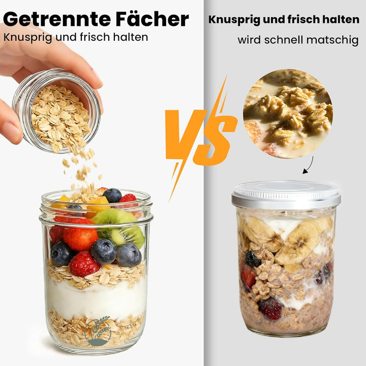 2 Stück Müslibecher to go, 500ml+100ml Joghurtbecher to go, Doppelschicht Auslaufsicherer Overnight