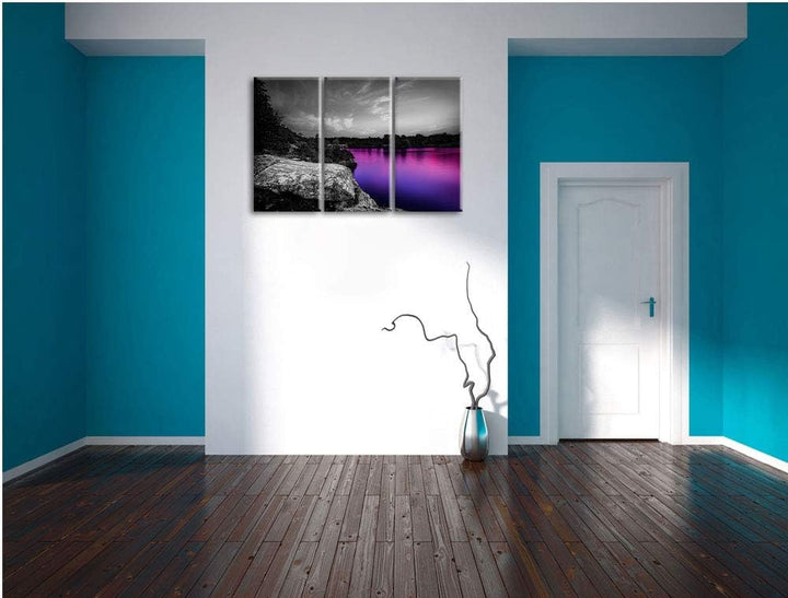 Seelandschaft in der Dämmerung schwarz/weiss 3-Teiler Leinwandbild 120x80 Bild auf Leinwand, XXL rie