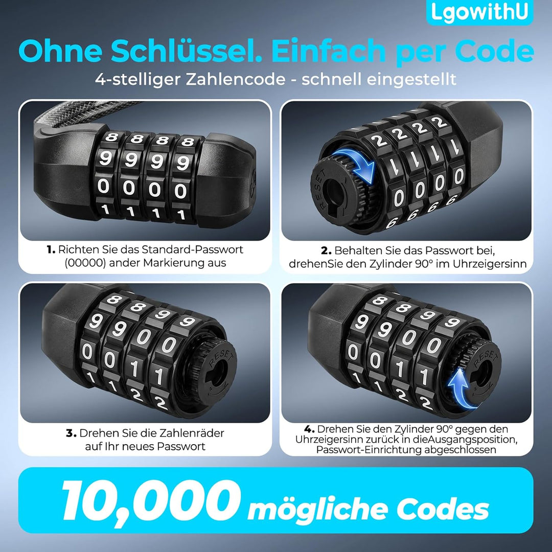 E Scooter Schloss mit Zahlencode, 100 cm Doppelschloss und Halterung