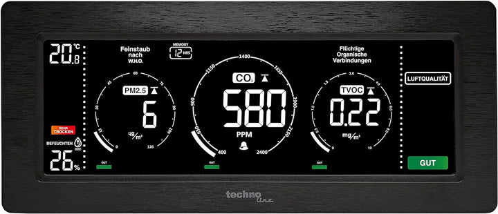 Technoline Luftgütemonitor, farbige Darstellung Co2 und TVOC Konzentration, Anzeige der Feinstaub -,