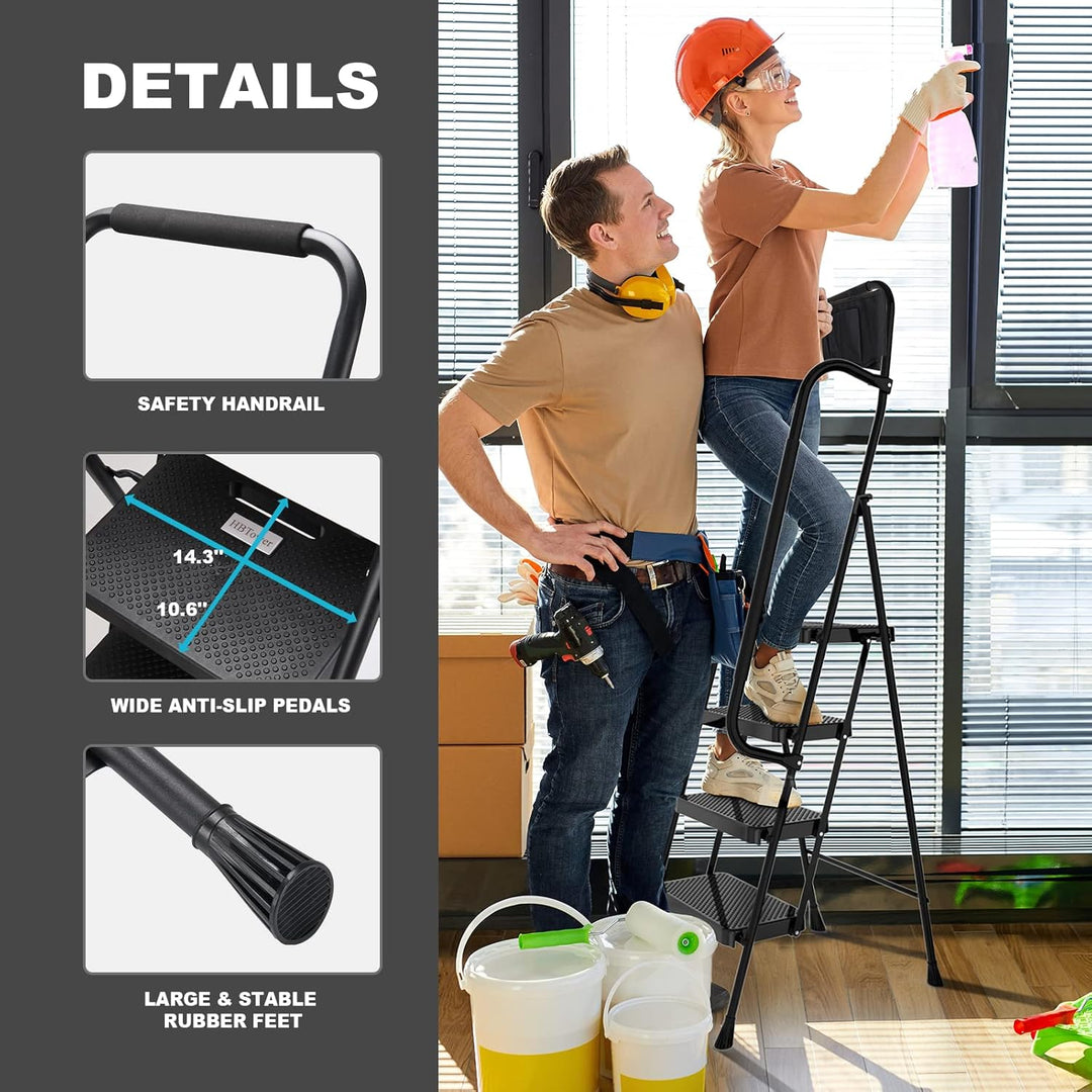 HBTower Leiter 4 Stufen, Trittleiter mit Handläufen, klappbarer Tritthocker mit ansteckbarer Werkzeu