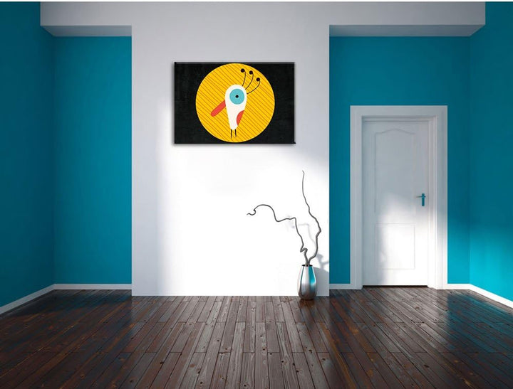 Pixxprint Lustiger Vogel mit Gestreiftem Hintergrund Schwarz, Format: 100x70 auf Leinwand, XXL riesi