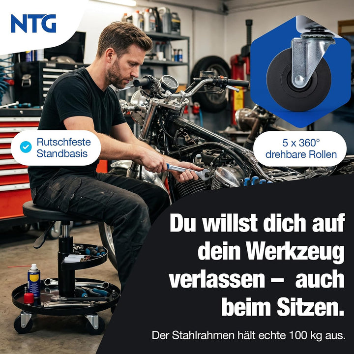 NTG Rollhocker höhenverstellbar 55 cm - Werkstatthocker 100 kg 5 Rollen | Drehhocker Montagehocker m