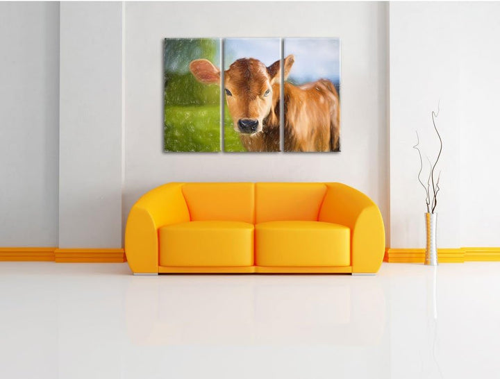 Pixxprint Junge Kuh Kälbchen als Leinwandbild | Grösse: 3 Teilig (120x80) | Wandbild| Kunstdruck | f