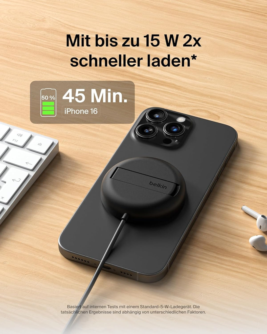 Belkin Magnetisches Kabelloses Ladegerät (15W) mit Ständer – zertifiziertes MagSafe Ladegerät, Qi2 L