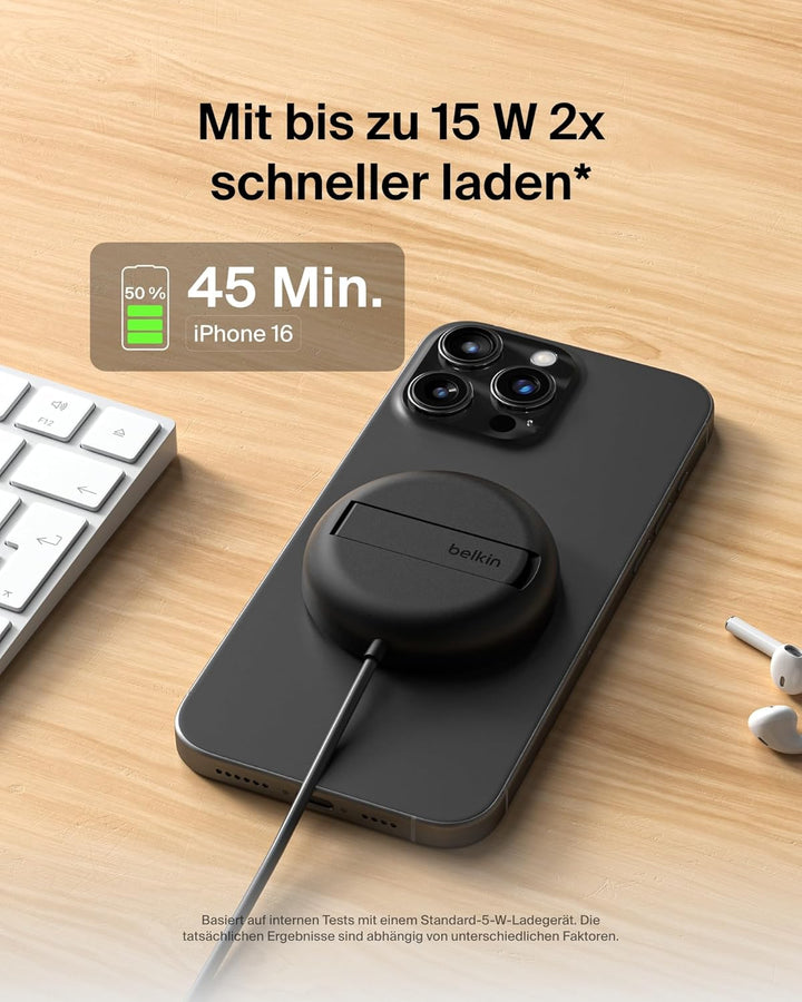 Belkin Magnetisches Kabelloses Ladegerät (15W) mit Ständer – zertifiziertes MagSafe Ladegerät, Qi2 L