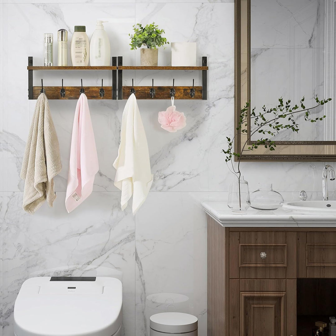 YMYNY Wandgarderoben mit Ablage, 2er Set Wandregal in einem Paket, Garderobenhaken mit 8 Doppelhaken