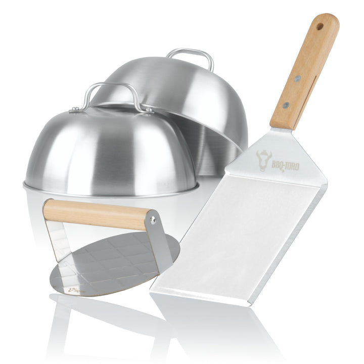 BBQ-Toro Edelstahl Smash Burger Set | 4-teilig | Set mit Burgerglocken, Smasher, Pfannenwender | Bur