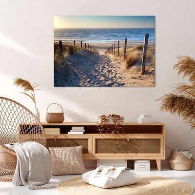 Bilder auf Leinwand 100x70cm Leinwandbild mit Rahmen Meer Strand Düne Gross Wanddeko Bild Schlafzimm