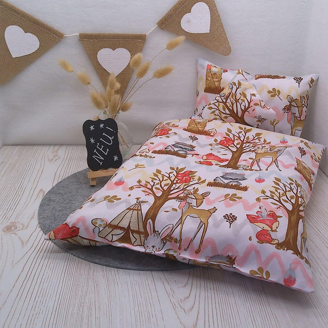 Handgefertigte Puppenbettwäsche, Waldfreunde, Hase und Igel, Gänse und Blumen, waschbar Decke 41h x